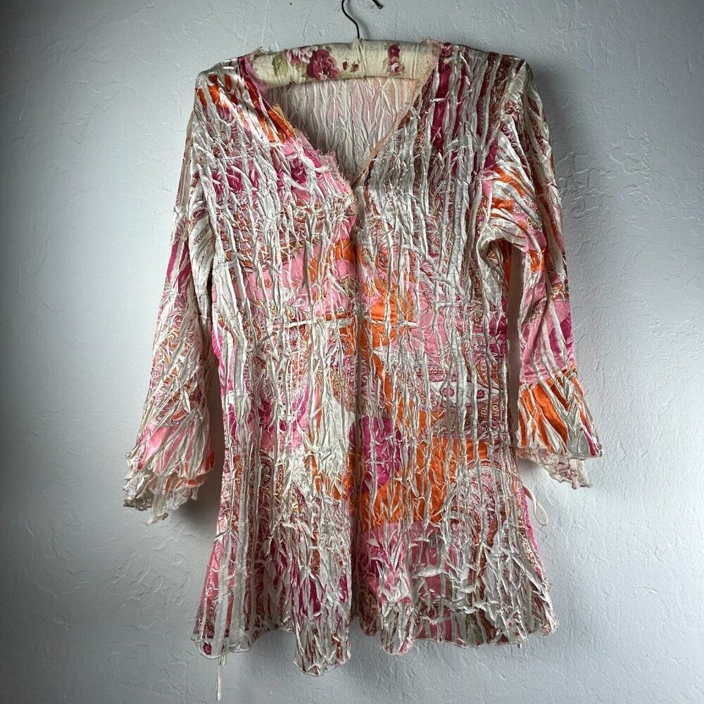 Komarov Womens Pink Orange Crinkle Lace V-Neck Top Blouse Medium Bell Sleeve